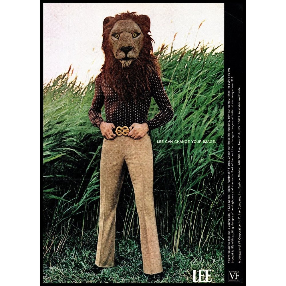 1971 Lee Flare Leg Pants Vintage Print Ad Lion Head Belt Buckle Fashion Wall Art